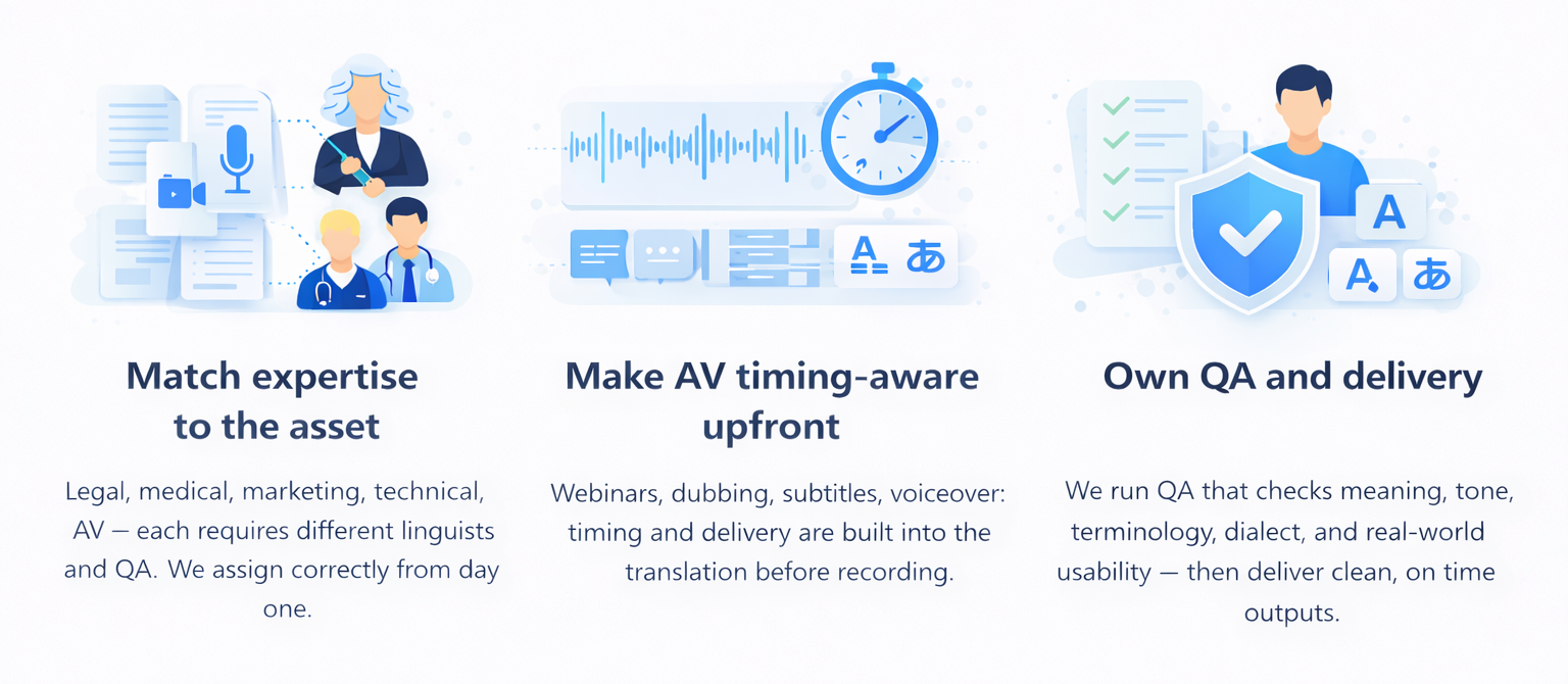 End-to-end localization ownership across text, audio, and video